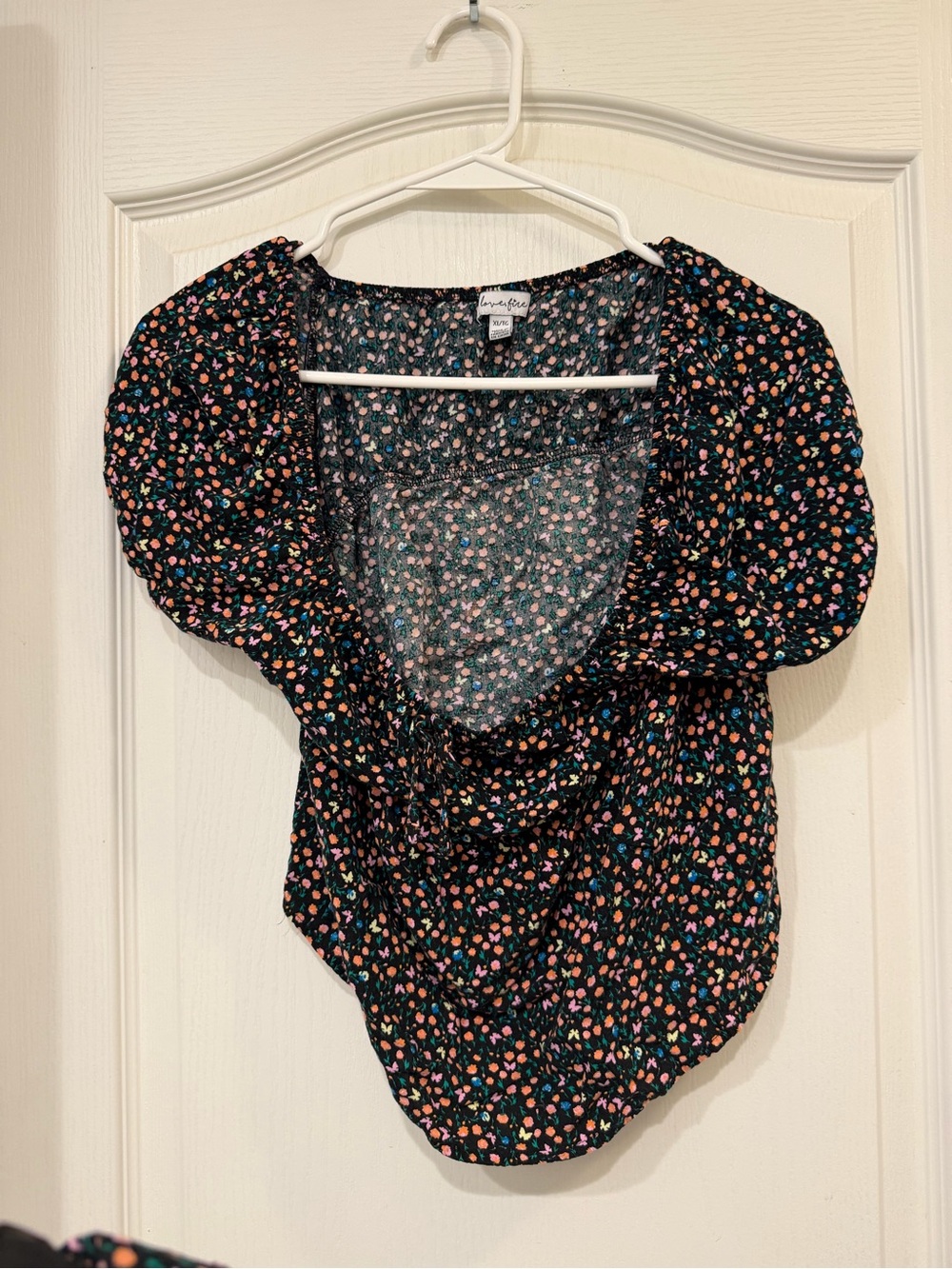 love, Fire Black Multicolor Floral Puff-Sleeve V-Neck Blouse